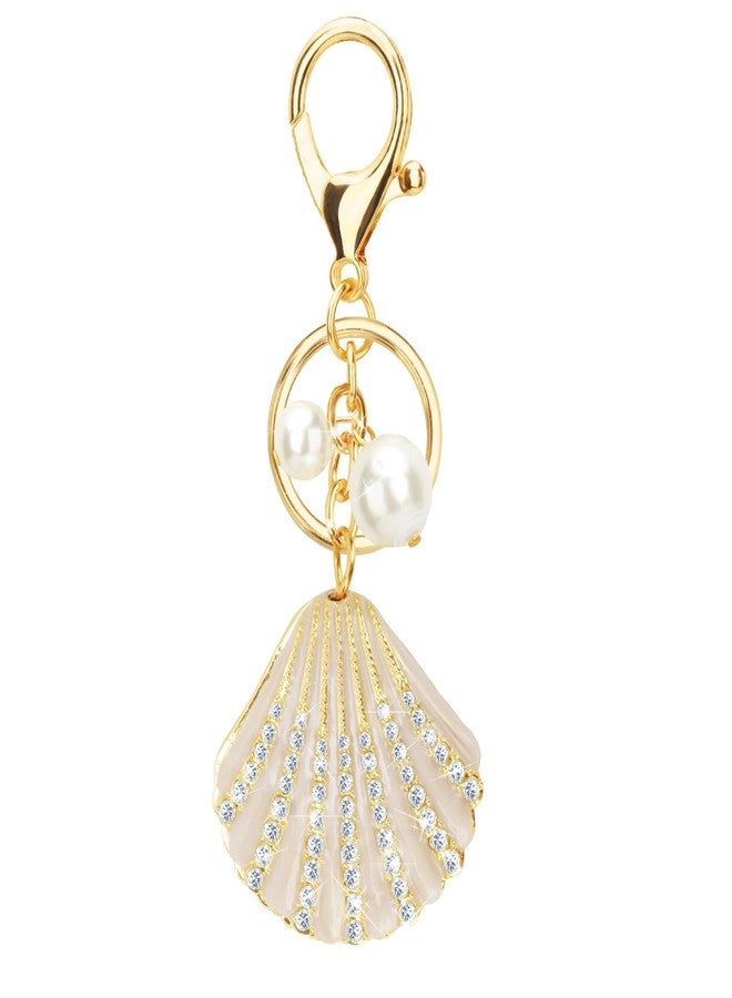 ABLY Shell Shaped Pearl Rhinestone Keychain Pendant for Women, Handbag Keychain and Wallet Accessory, Perfect for Car Keys, Wallets, Handbags and Backpacks Decoration,Champagne Gold - Image 1